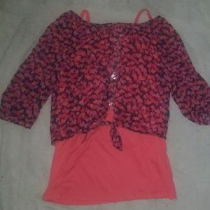 Two piece girls top. Peach tank, heart mid sleeve